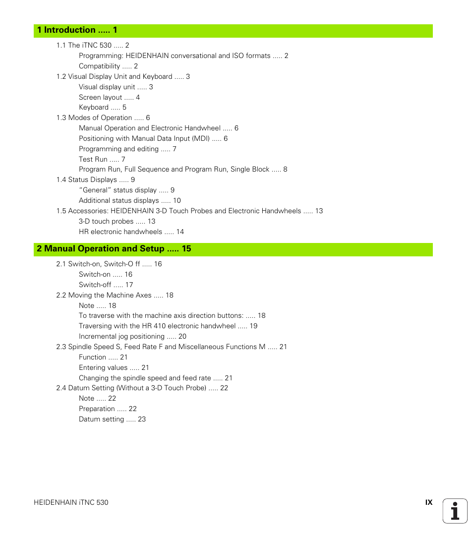 1 introduction, 2 manual operation and setup, Introduction | Manual operation and setup | HEIDENHAIN iTNC 530 (340 420) User Manual | Page 13 / 530