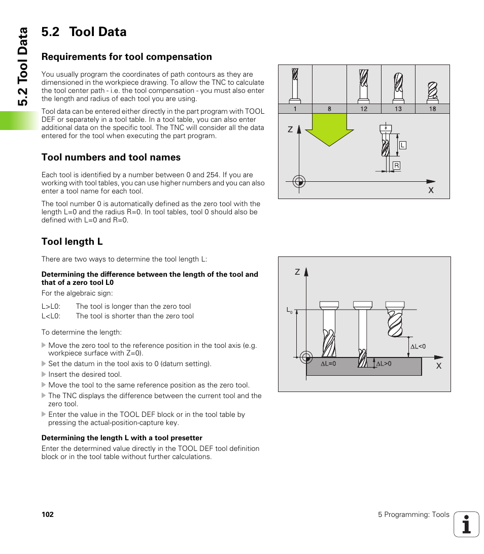 2 tool data, Requirements for tool compensation, Tool numbers and tool names | Tool length l, 2 t ool d a ta 5.2 tool data | HEIDENHAIN iTNC 530 (340 420) User Manual | Page 130 / 530