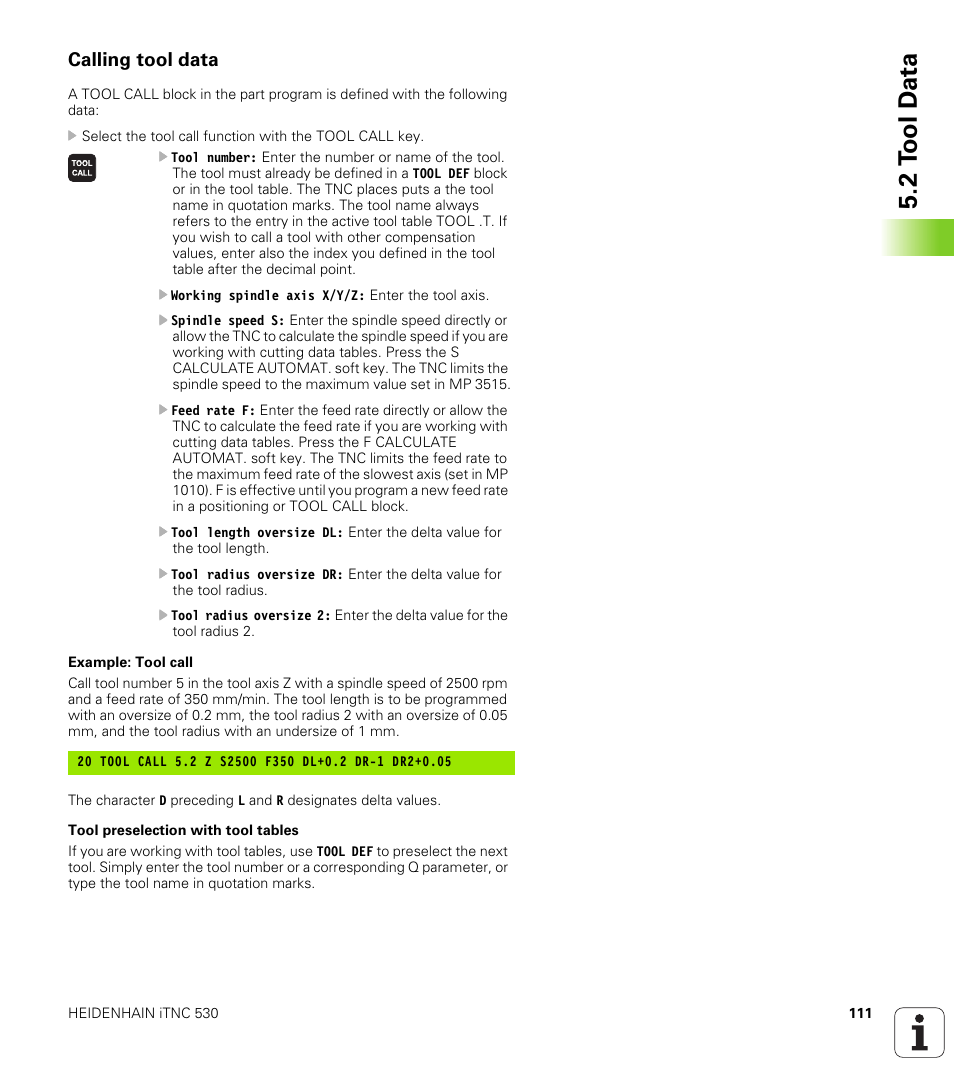 Calling tool data, 2 t ool d a ta | HEIDENHAIN iTNC 530 (340 420) User Manual | Page 139 / 530