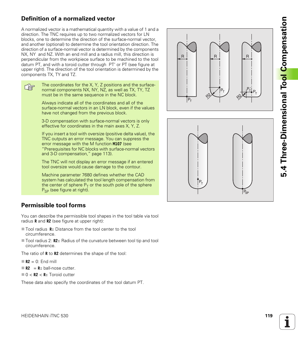 Definition of a normalized vector, Permissible tool forms, 4 thr ee-dimensional t ool compensation | HEIDENHAIN iTNC 530 (340 420) User Manual | Page 147 / 530