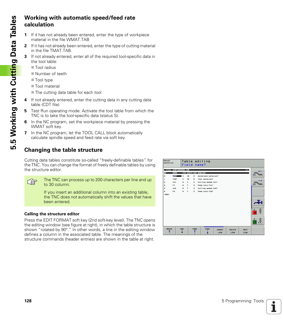 Working with automatic speed/feed rate calculation, Changing the table structure, 5 w o rk ing with cut ting d a ta t a bles | HEIDENHAIN iTNC 530 (340 420) User Manual | Page 156 / 530