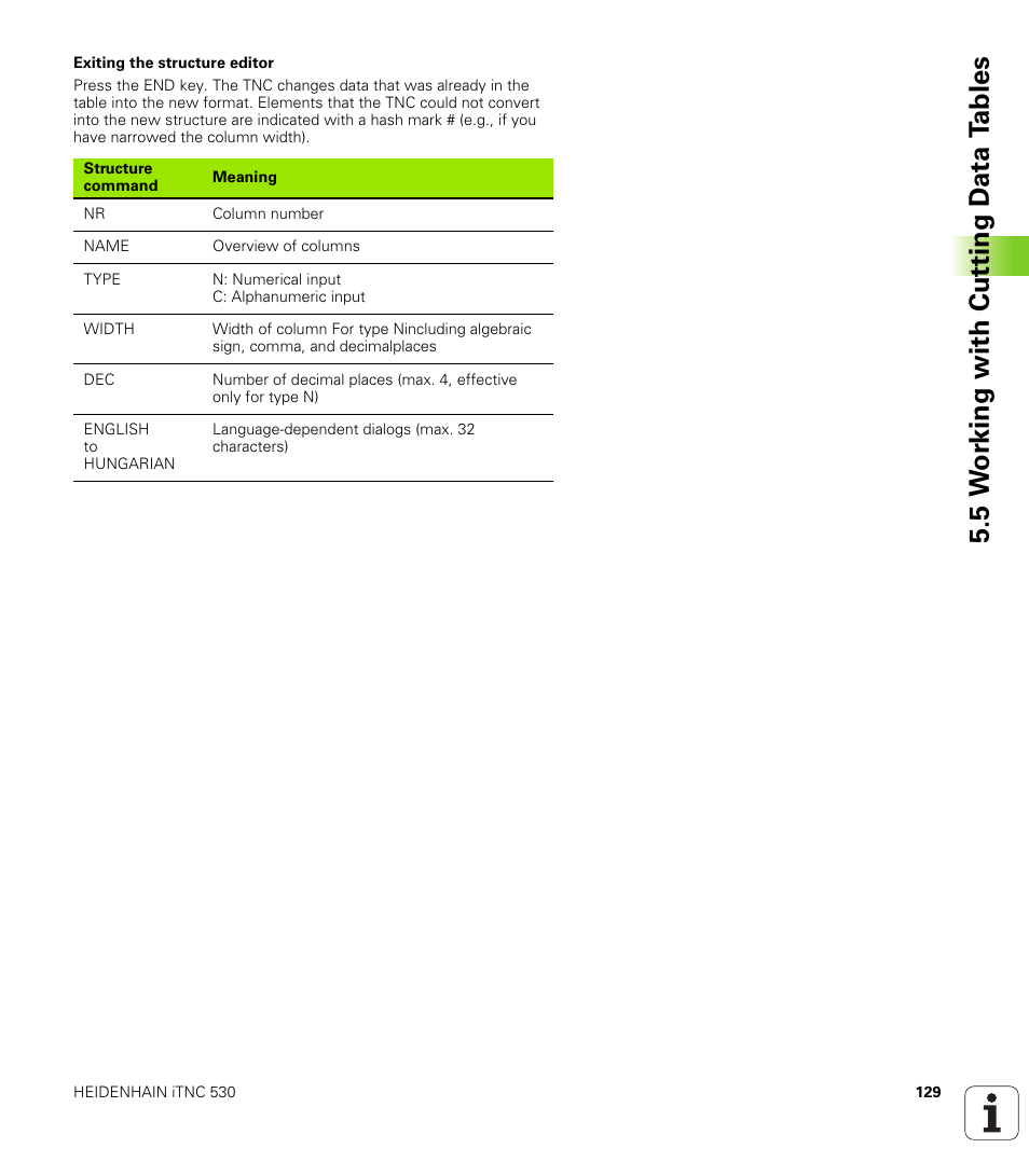 5 w o rk ing with cut ting d a ta t a bles | HEIDENHAIN iTNC 530 (340 420) User Manual | Page 157 / 530