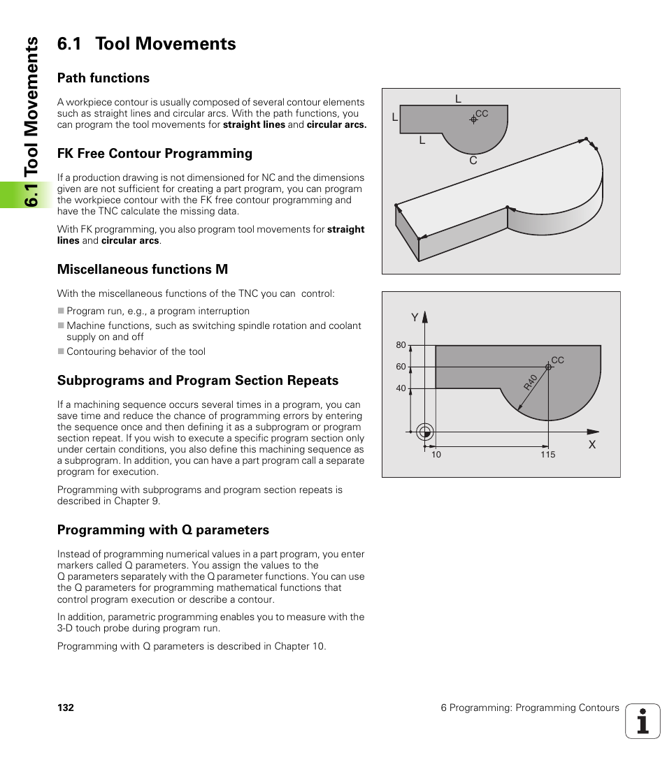1 tool movements, Path functions, Fk free contour programming | Miscellaneous functions m, Subprograms and program section repeats, Programming with q parameters, 1 t ool mo v e ments 6.1 tool movements | HEIDENHAIN iTNC 530 (340 420) User Manual | Page 160 / 530