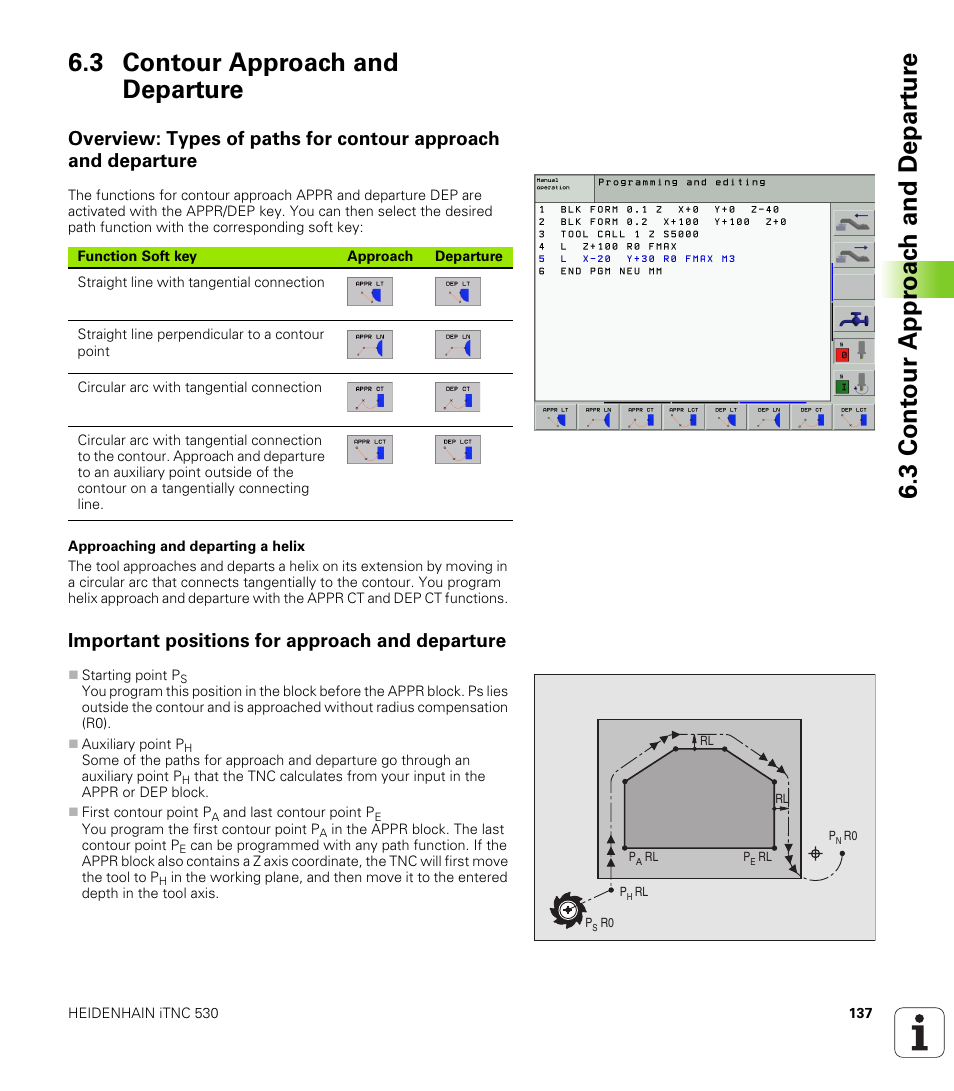 3 contour approach and departure, Important positions for approach and departure | HEIDENHAIN iTNC 530 (340 420) User Manual | Page 165 / 530