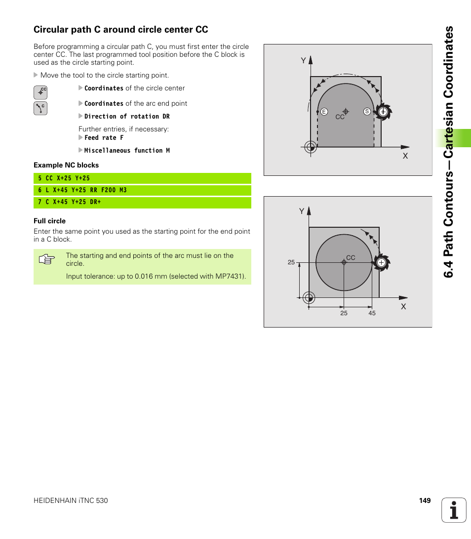 Circular path c around circle center cc, Circle c, 4 p a th cont ours—car te sian coor dinat e s | HEIDENHAIN iTNC 530 (340 420) User Manual | Page 177 / 530