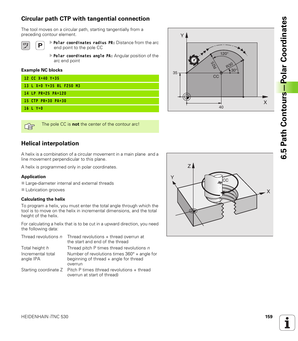 Circular path ctp with tangential connection, Helical interpolation, Circular arc ctp | Polar radius, polar angle of the arc end point, Combination of a circular and a linear movement, 5 p a th cont ours—p o lar coor dinat e s | HEIDENHAIN iTNC 530 (340 420) User Manual | Page 187 / 530
