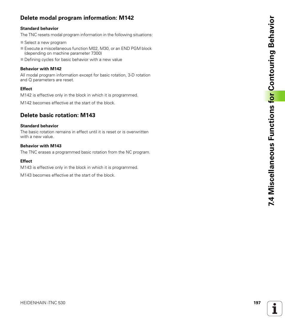 Delete modal program information: m142, Delete basic rotation: m143 | HEIDENHAIN iTNC 530 (340 420) User Manual | Page 225 / 530