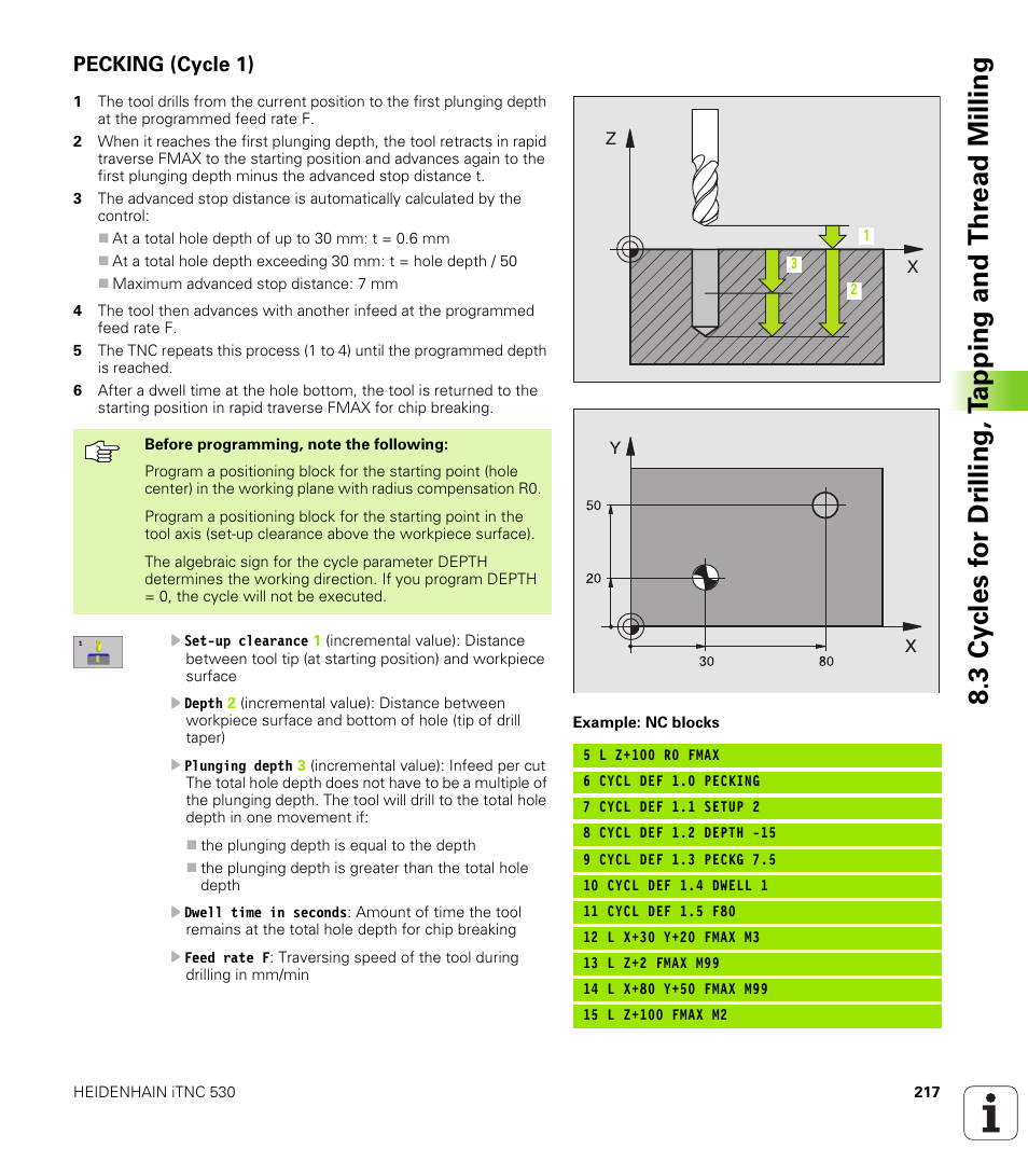 Pecking (cycle 1), 1 pecking without automatic pre-positioning | HEIDENHAIN iTNC 530 (340 420) User Manual | Page 245 / 530