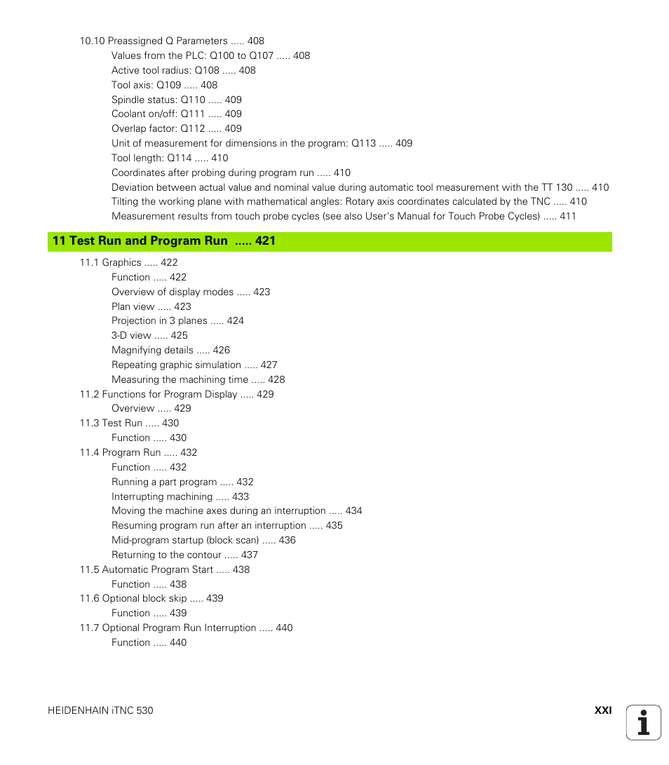 11 test run and program run, Test run and program run | HEIDENHAIN iTNC 530 (340 420) User Manual | Page 25 / 530