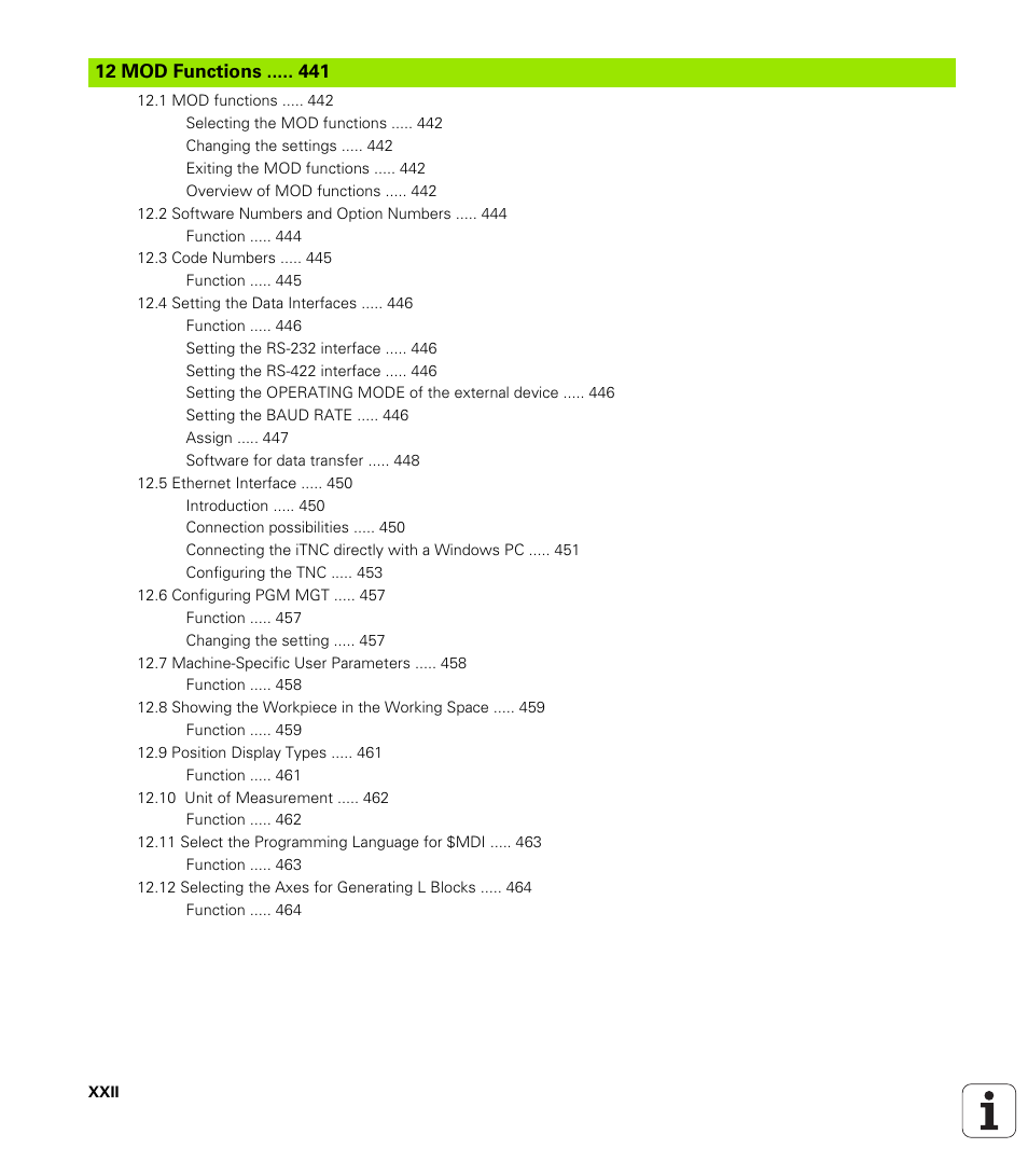 12 mod functions, Mod functions | HEIDENHAIN iTNC 530 (340 420) User Manual | Page 26 / 530
