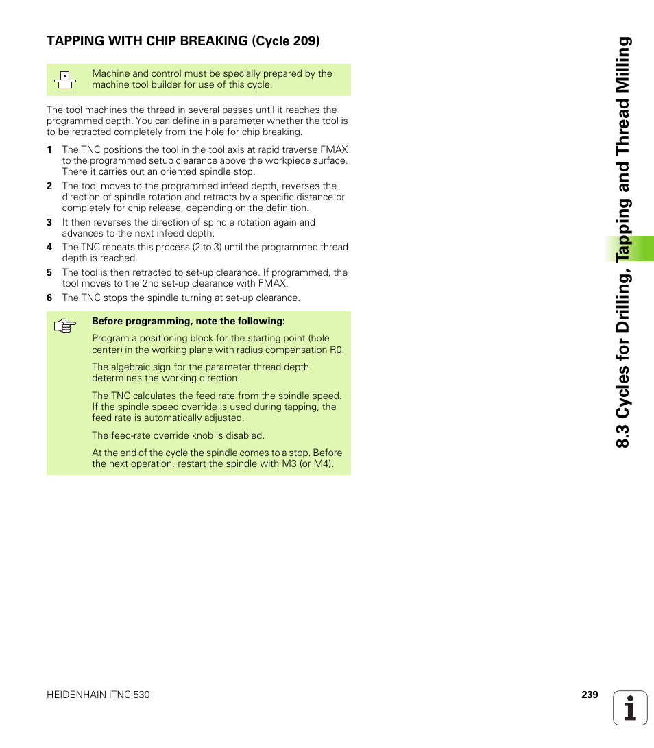 Tapping with chip breaking (cycle 209) | HEIDENHAIN iTNC 530 (340 420) User Manual | Page 267 / 530