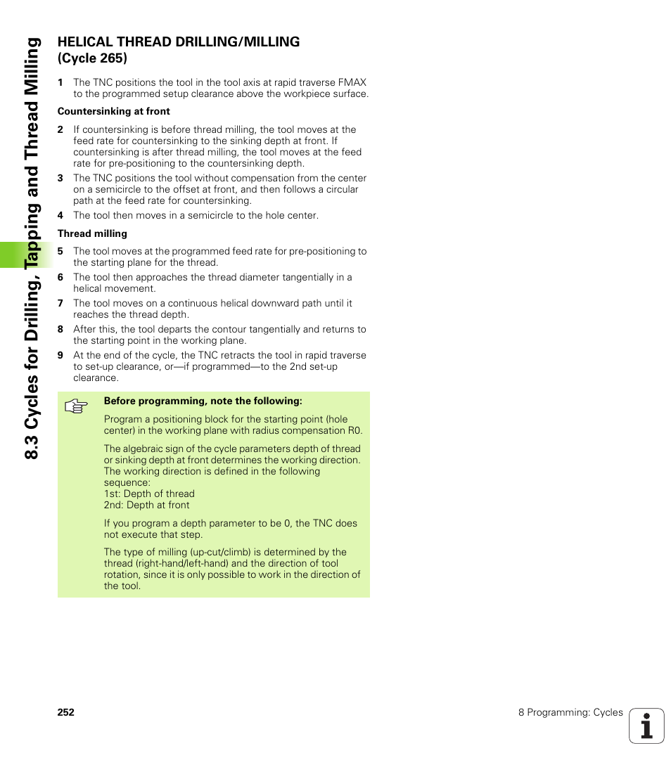 Helical thread drilling/milling (cycle 265) | HEIDENHAIN iTNC 530 (340 420) User Manual | Page 280 / 530