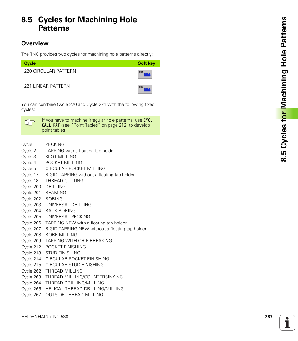 5 cycles for machining hole patterns, Overview | HEIDENHAIN iTNC 530 (340 420) User Manual | Page 315 / 530