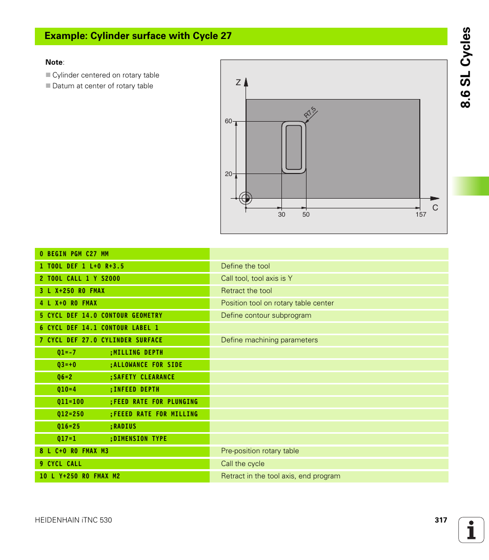 6 sl cy cles, Example: cylinder surface with cycle 27 | HEIDENHAIN iTNC 530 (340 420) User Manual | Page 345 / 530