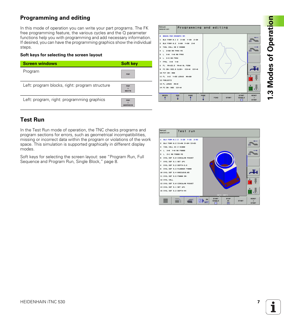 Programming and editing, Test run, 3 modes of oper ation | HEIDENHAIN iTNC 530 (340 420) User Manual | Page 35 / 530