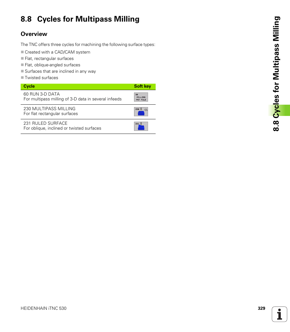 8 cycles for multipass milling, Overview | HEIDENHAIN iTNC 530 (340 420) User Manual | Page 357 / 530