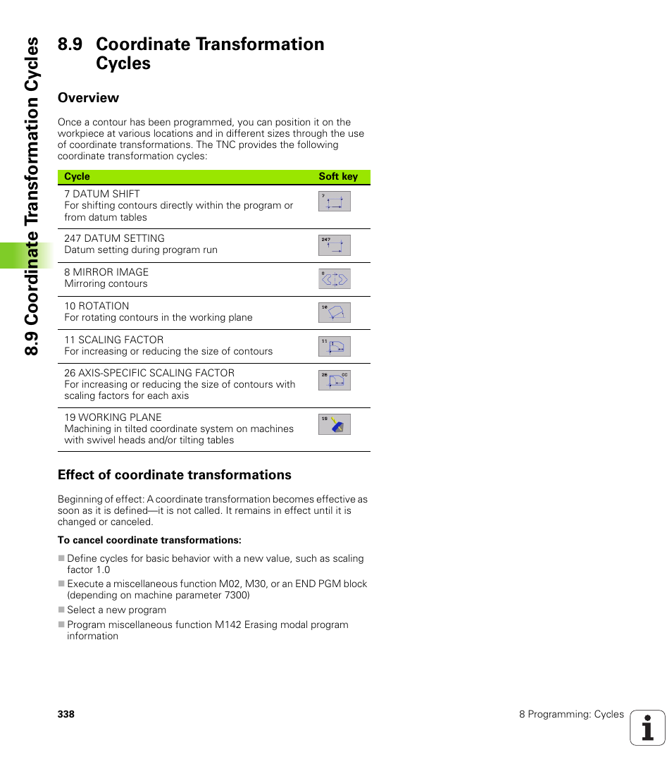9 coordinate transformation cycles, Overview, Effect of coordinate transformations | HEIDENHAIN iTNC 530 (340 420) User Manual | Page 366 / 530