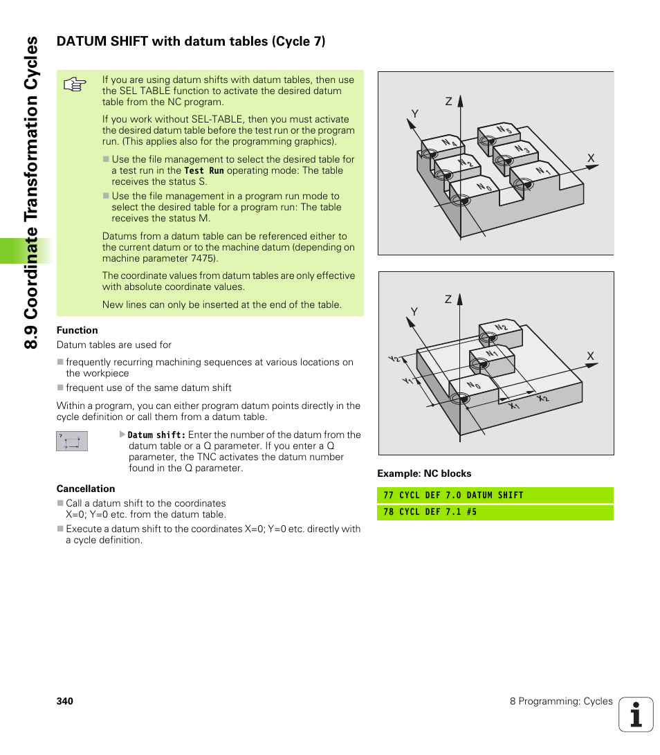 Datum shift with datum tables (cycle 7), 9 coor di na te t ra n s for m a ti on cy cle s | HEIDENHAIN iTNC 530 (340 420) User Manual | Page 368 / 530