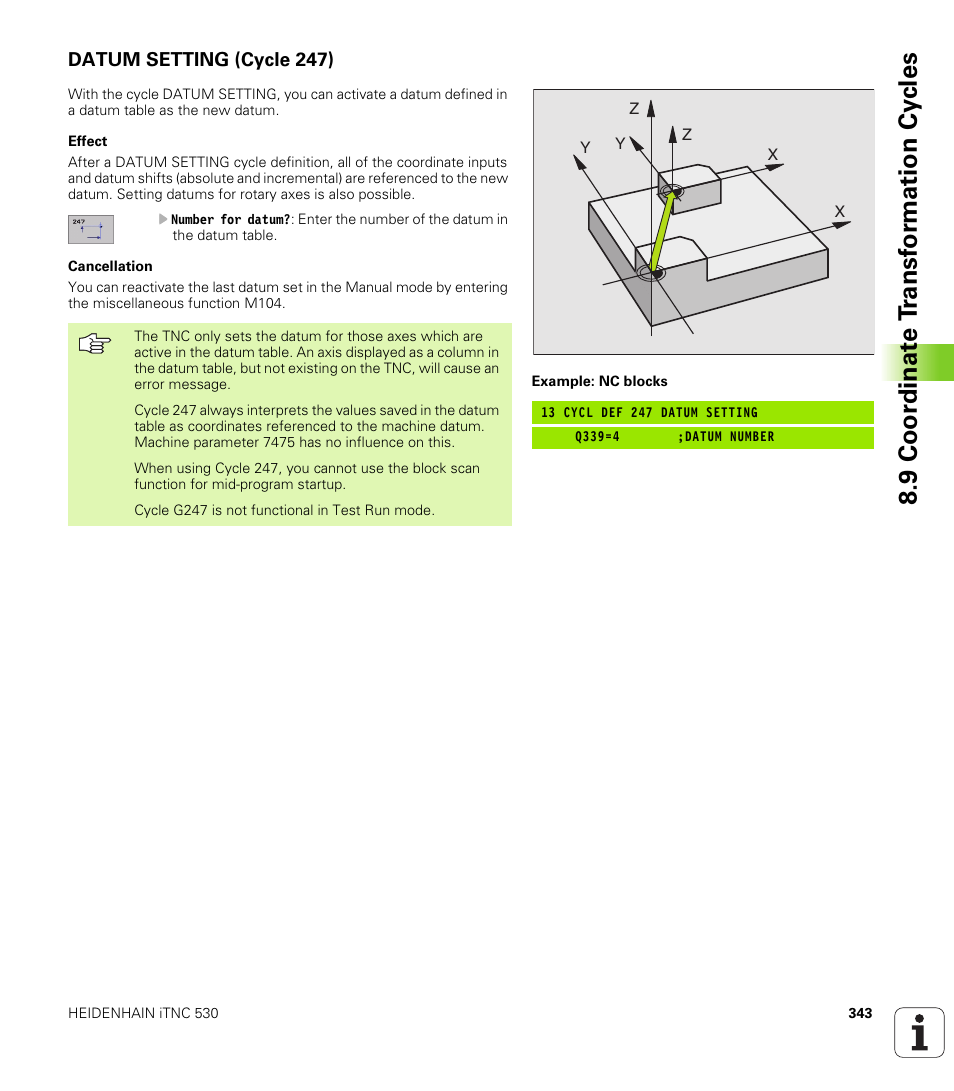 Datum setting (cycle 247), 247 datum setting datum setting during program run, 9 coor di na te t ra n s for m a ti on cy cle s | HEIDENHAIN iTNC 530 (340 420) User Manual | Page 371 / 530