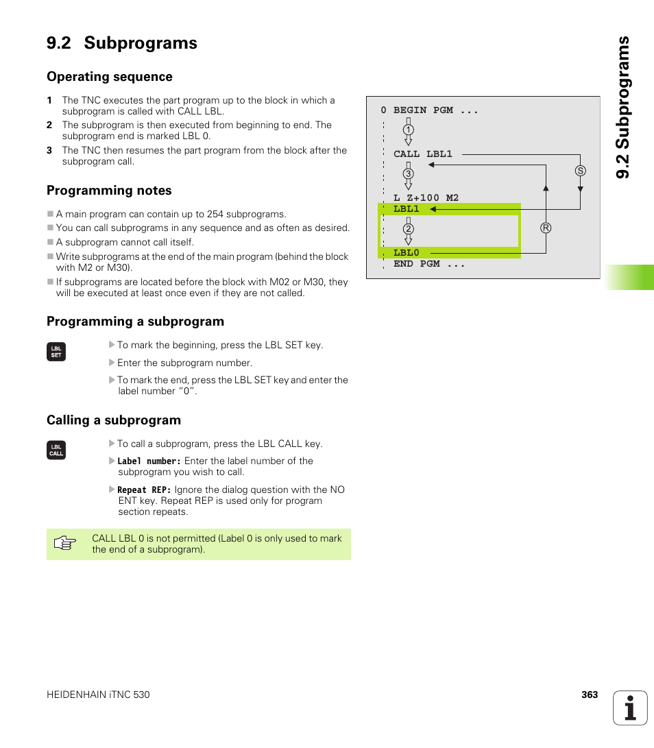 2 subprograms, Operating sequence, Programming notes | Programming a subprogram, Calling a subprogram, 2 subpr ogr a ms 9.2 subprograms | HEIDENHAIN iTNC 530 (340 420) User Manual | Page 391 / 530