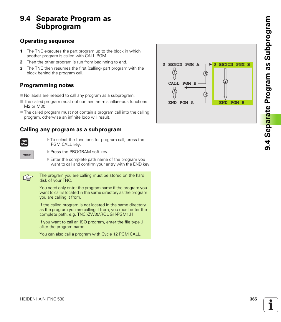 4 separate program as subprogram, Operating sequence, Programming notes | Calling any program as a subprogram | HEIDENHAIN iTNC 530 (340 420) User Manual | Page 393 / 530