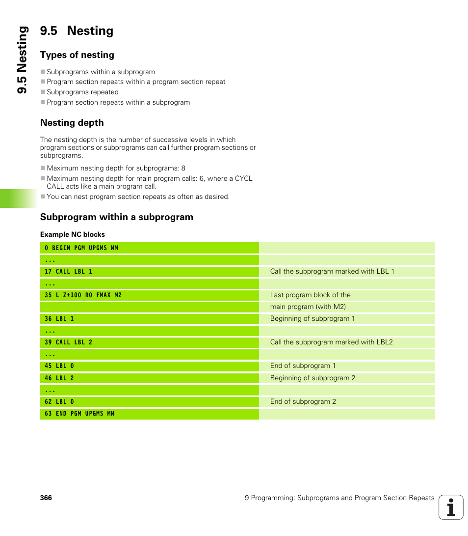 5 nesting, Types of nesting, Nesting depth | Subprogram within a subprogram | HEIDENHAIN iTNC 530 (340 420) User Manual | Page 394 / 530