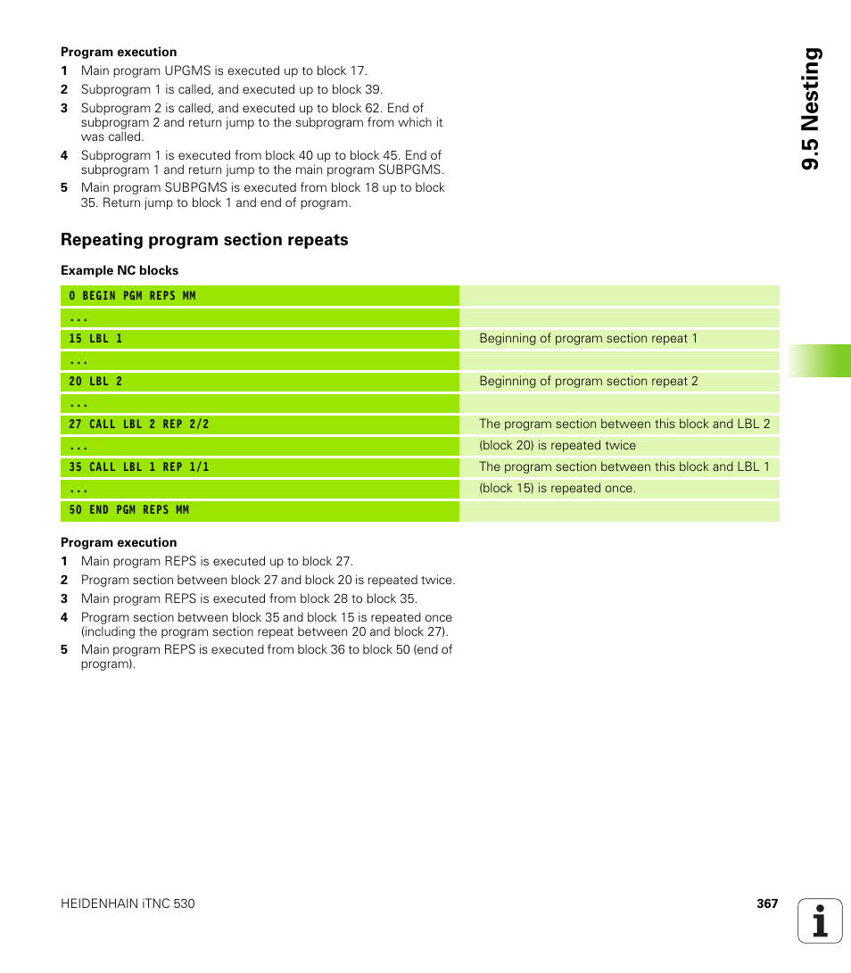 Repeating program section repeats, 5 nesting | HEIDENHAIN iTNC 530 (340 420) User Manual | Page 395 / 530