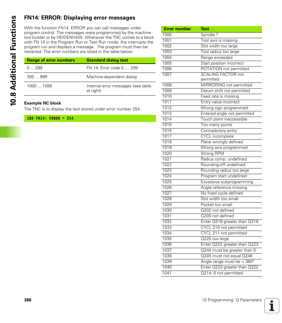 Fn14: error: displaying error messages, 10 .8 a d ditional f unctions | HEIDENHAIN iTNC 530 (340 420) User Manual | Page 416 / 530