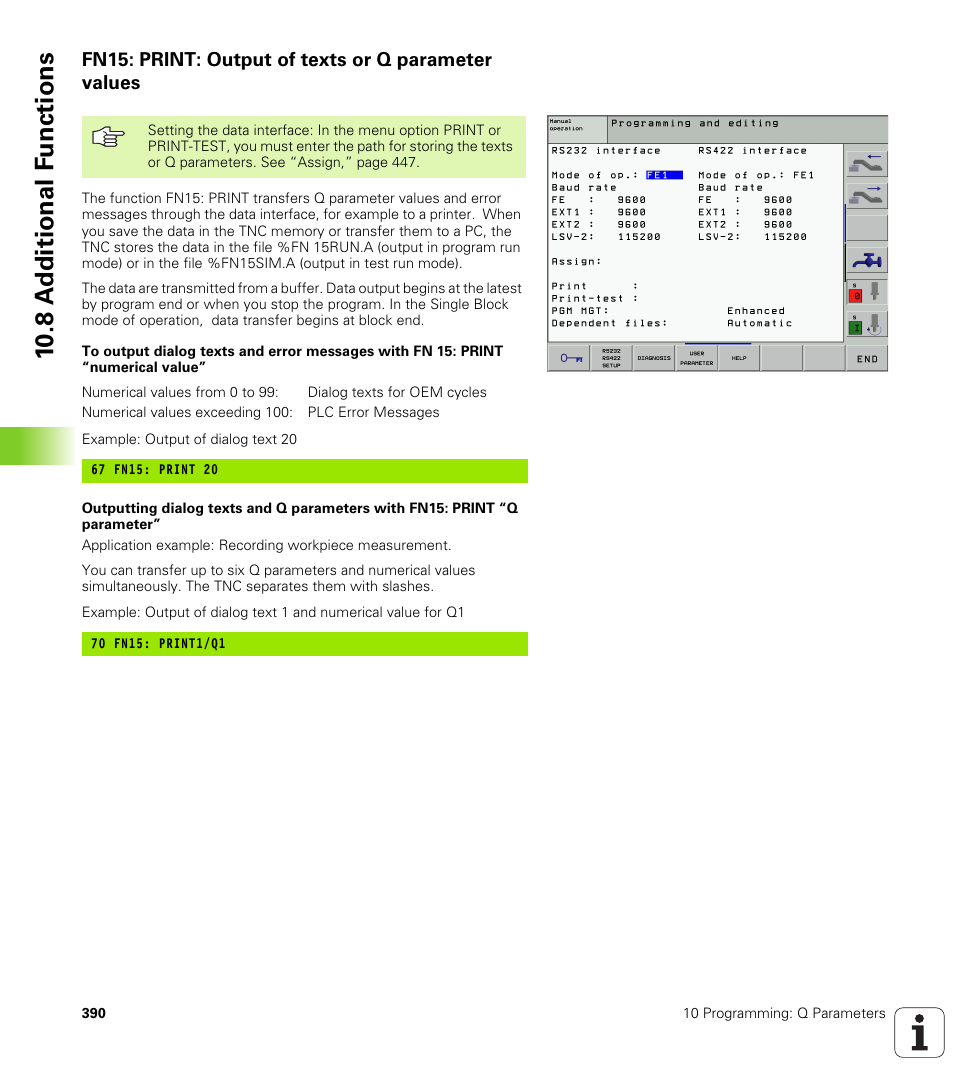 Fn15: print: output of texts or q parameter values, 10 .8 a d ditional f unctions | HEIDENHAIN iTNC 530 (340 420) User Manual | Page 418 / 530