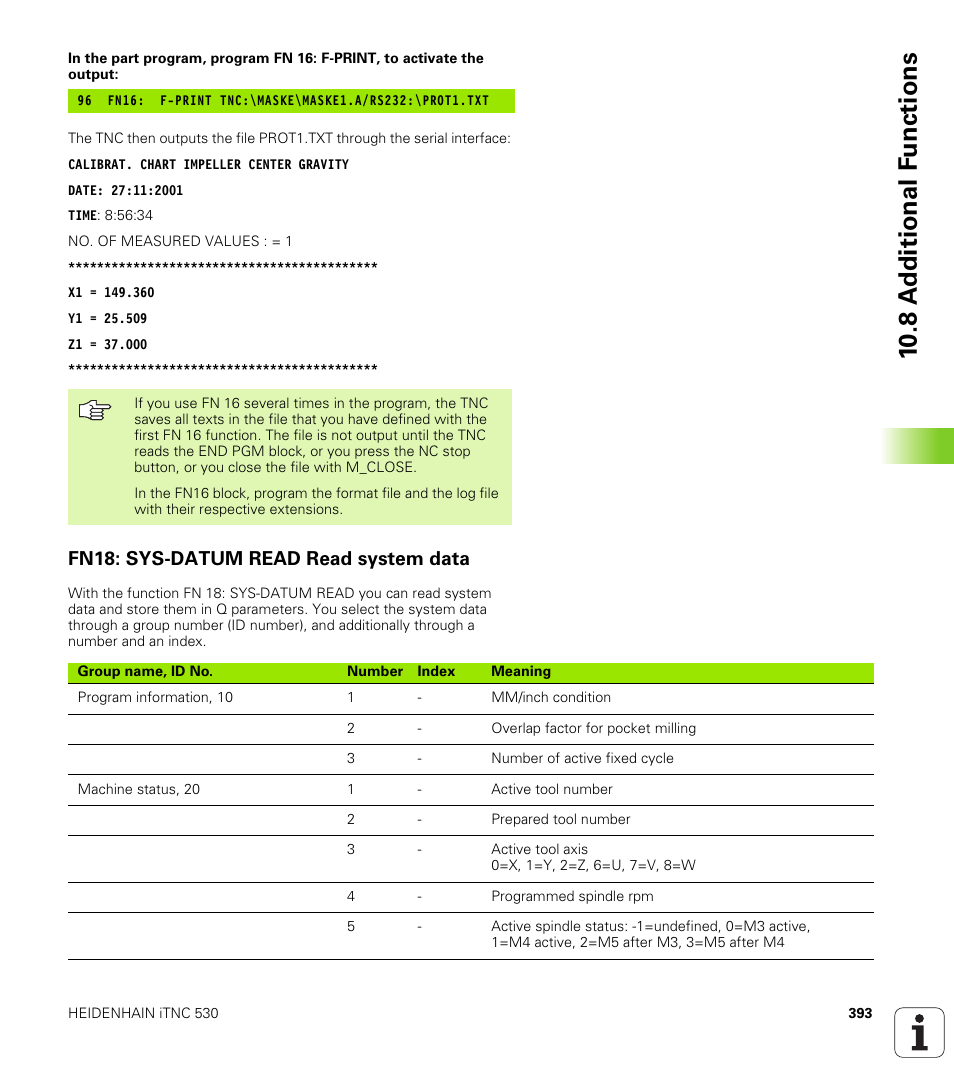 Fn18: sys-datum read read system data, 10 .8 a d ditional f unctions | HEIDENHAIN iTNC 530 (340 420) User Manual | Page 421 / 530