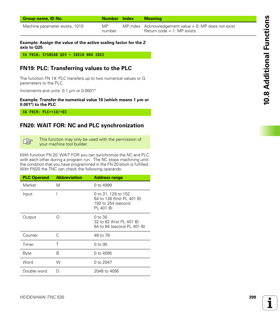 Fn19: plc: transferring values to the plc, Fn20: wait for: nc and plc synchronization, 10 .8 a d ditional f unctions | HEIDENHAIN iTNC 530 (340 420) User Manual | Page 427 / 530