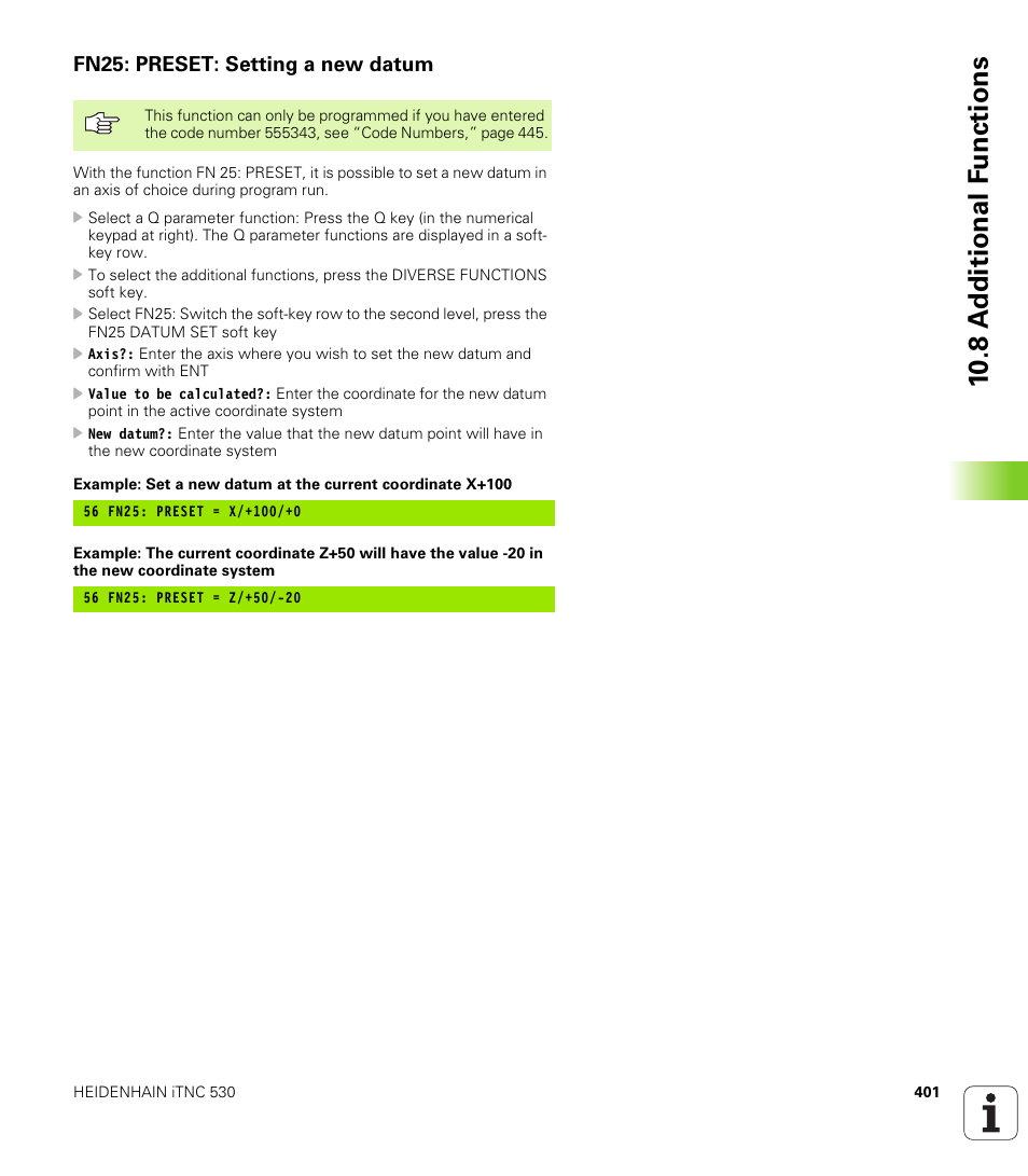 Fn25: preset: setting a new datum, 10 .8 a d ditional f unctions | HEIDENHAIN iTNC 530 (340 420) User Manual | Page 429 / 530