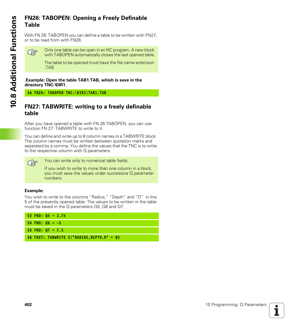 Fn26: tabopen: opening a freely definable table, 10 .8 a d ditional f unctions | HEIDENHAIN iTNC 530 (340 420) User Manual | Page 430 / 530