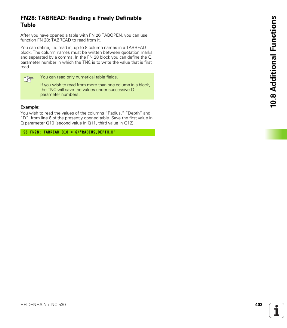 Fn28: tabread: reading a freely definable table, 10 .8 a d ditional f unctions | HEIDENHAIN iTNC 530 (340 420) User Manual | Page 431 / 530