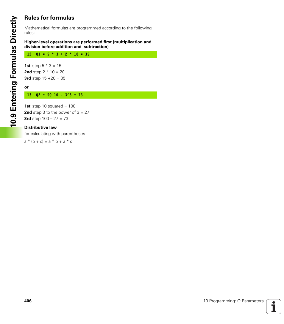 Rules for formulas, 10 .9 ent er ing f o rm ulas dir e ctly | HEIDENHAIN iTNC 530 (340 420) User Manual | Page 434 / 530