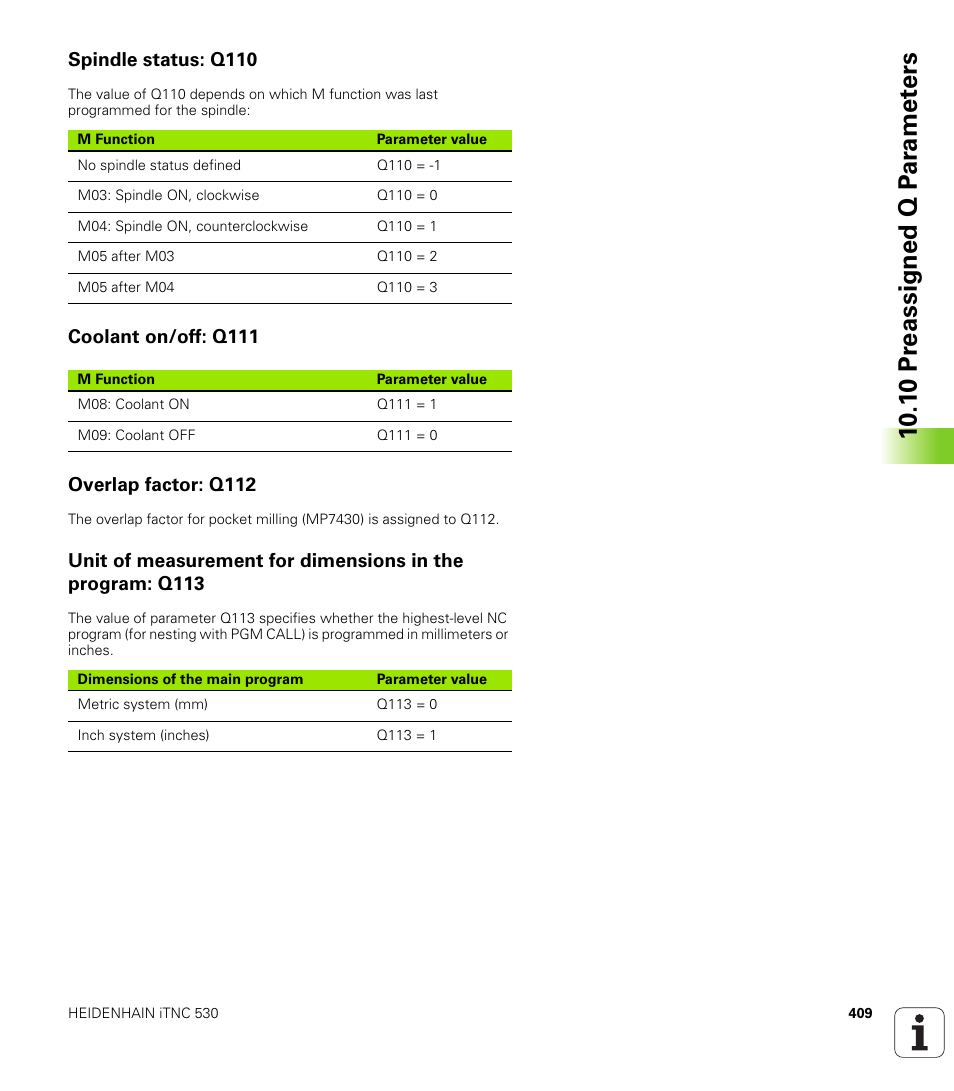Spindle status: q110, Coolant on/off: q111, Overlap factor: q112 | HEIDENHAIN iTNC 530 (340 420) User Manual | Page 437 / 530