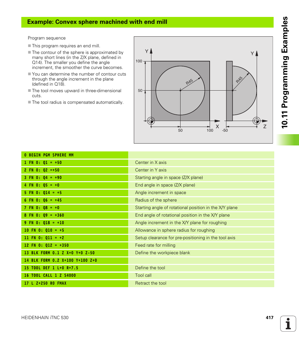 10 .1 1 pr ogr amming examples, Example: convex sphere machined with end mill | HEIDENHAIN iTNC 530 (340 420) User Manual | Page 445 / 530