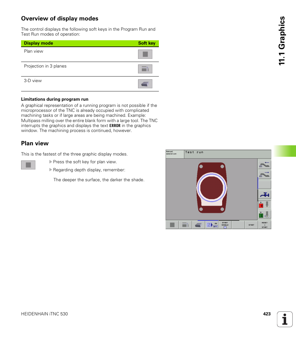 Overview of display modes, Plan view, 1 gr aphics | HEIDENHAIN iTNC 530 (340 420) User Manual | Page 451 / 530