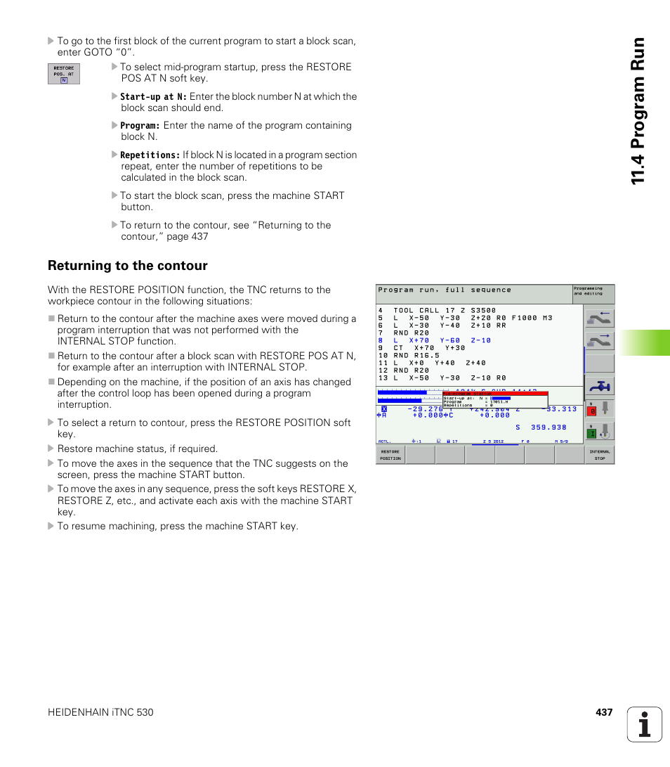 Returning to the contour, 4 pr ogr am run | HEIDENHAIN iTNC 530 (340 420) User Manual | Page 465 / 530