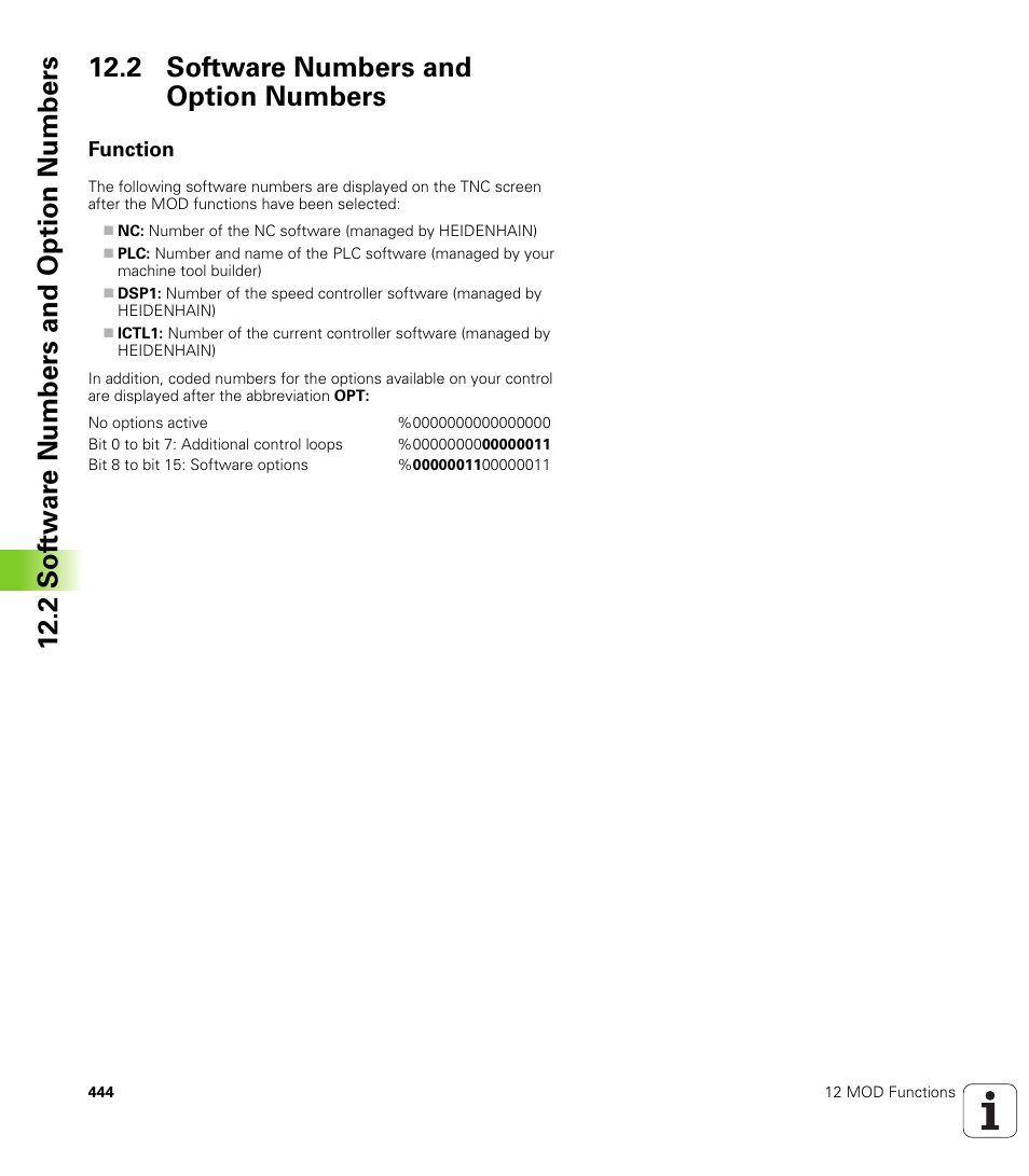 2 software numbers and option numbers, Function, Display software numbers | Display code digits for installed options | HEIDENHAIN iTNC 530 (340 420) User Manual | Page 472 / 530