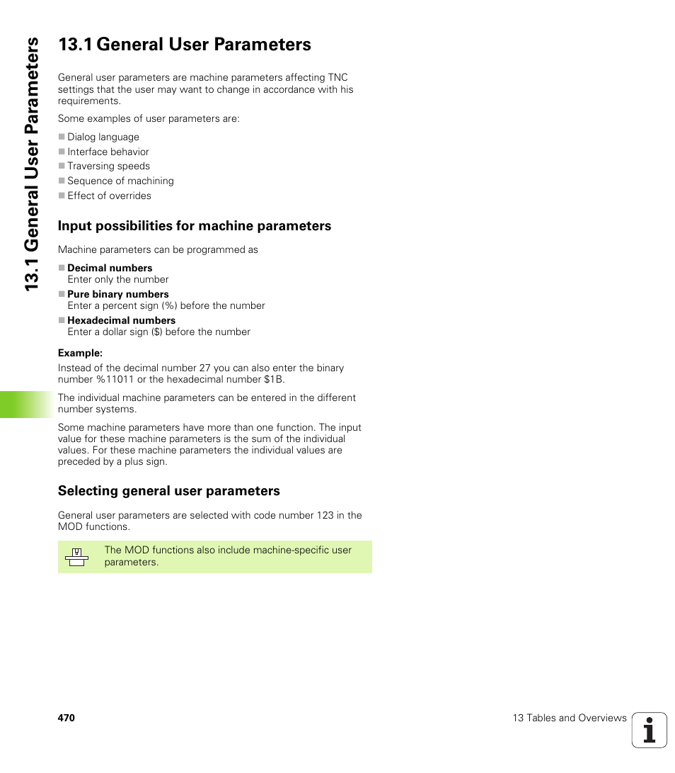 1 general user parameters, Input possibilities for machine parameters, Selecting general user parameters | HEIDENHAIN iTNC 530 (340 420) User Manual | Page 498 / 530