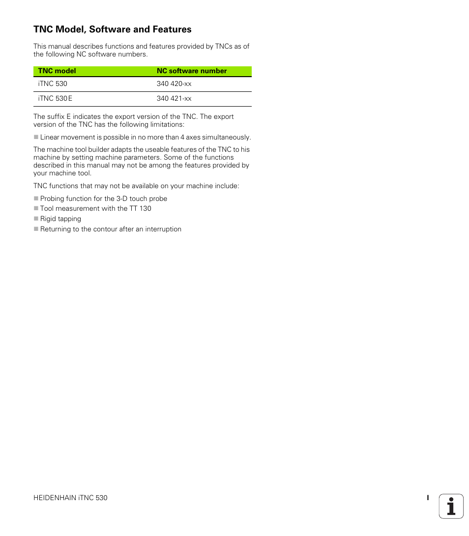 Tnc model, software and features | HEIDENHAIN iTNC 530 (340 420) User Manual | Page 5 / 530