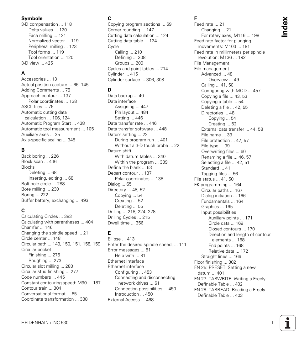Index | HEIDENHAIN iTNC 530 (340 420) User Manual | Page 523 / 530