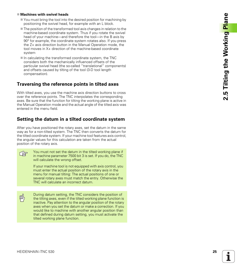 Traversing the reference points in tilted axes, Setting the datum in a tilted coordinate system, 5 tilting the w o rk ing plane | HEIDENHAIN iTNC 530 (340 420) User Manual | Page 53 / 530