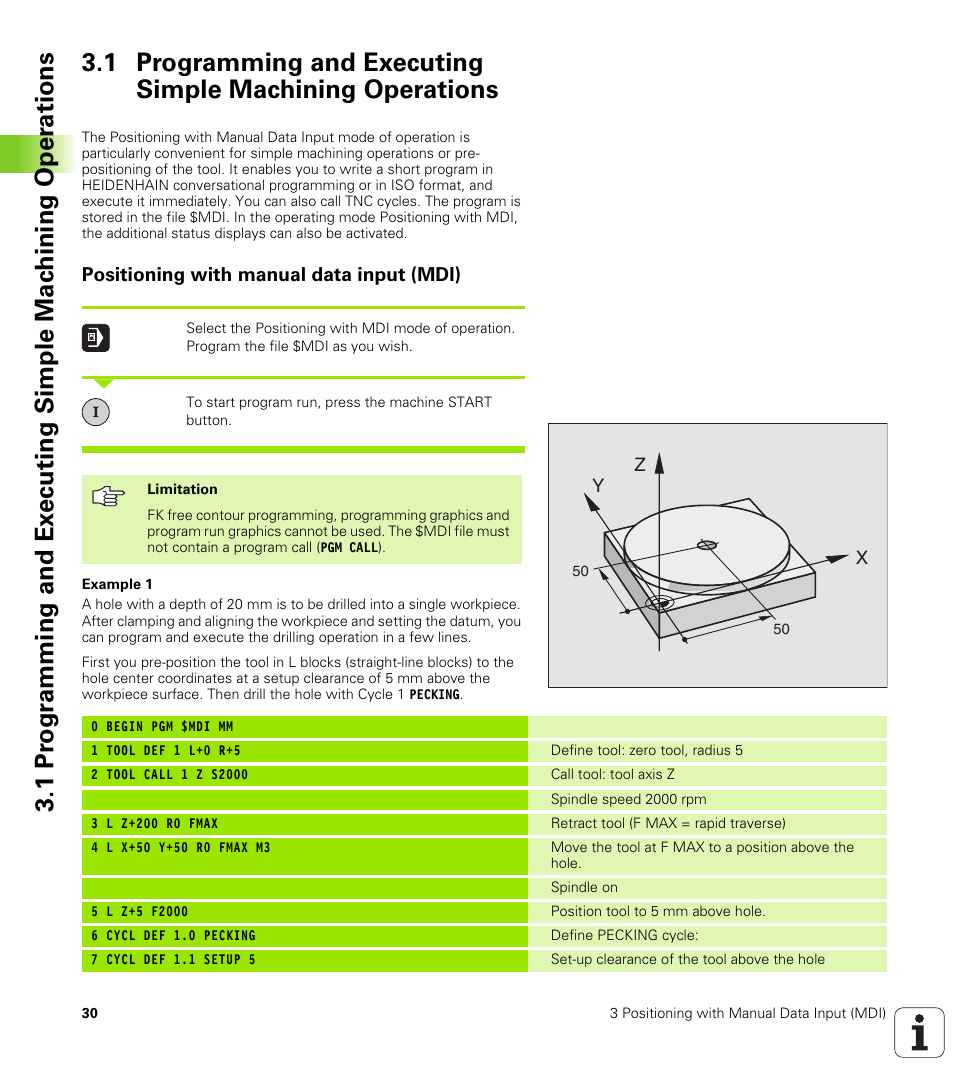 Positioning with manual data input (mdi) | HEIDENHAIN iTNC 530 (340 420) User Manual | Page 58 / 530
