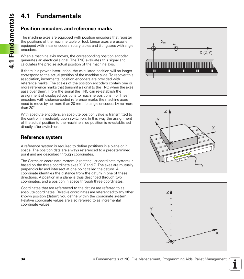 1 fundamentals, Position encoders and reference marks, Reference system | 1 f undamentals 4.1 fundamentals | HEIDENHAIN iTNC 530 (340 420) User Manual | Page 62 / 530