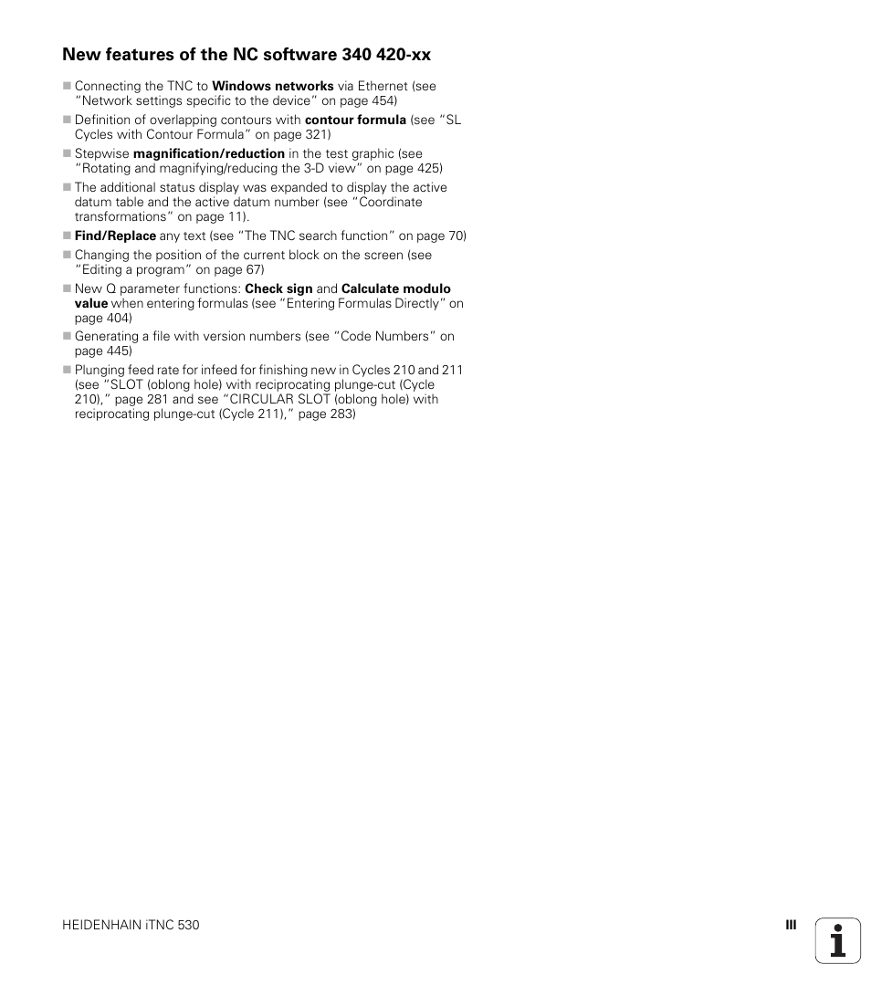New features of the nc software 340 420-xx | HEIDENHAIN iTNC 530 (340 420) User Manual | Page 7 / 530