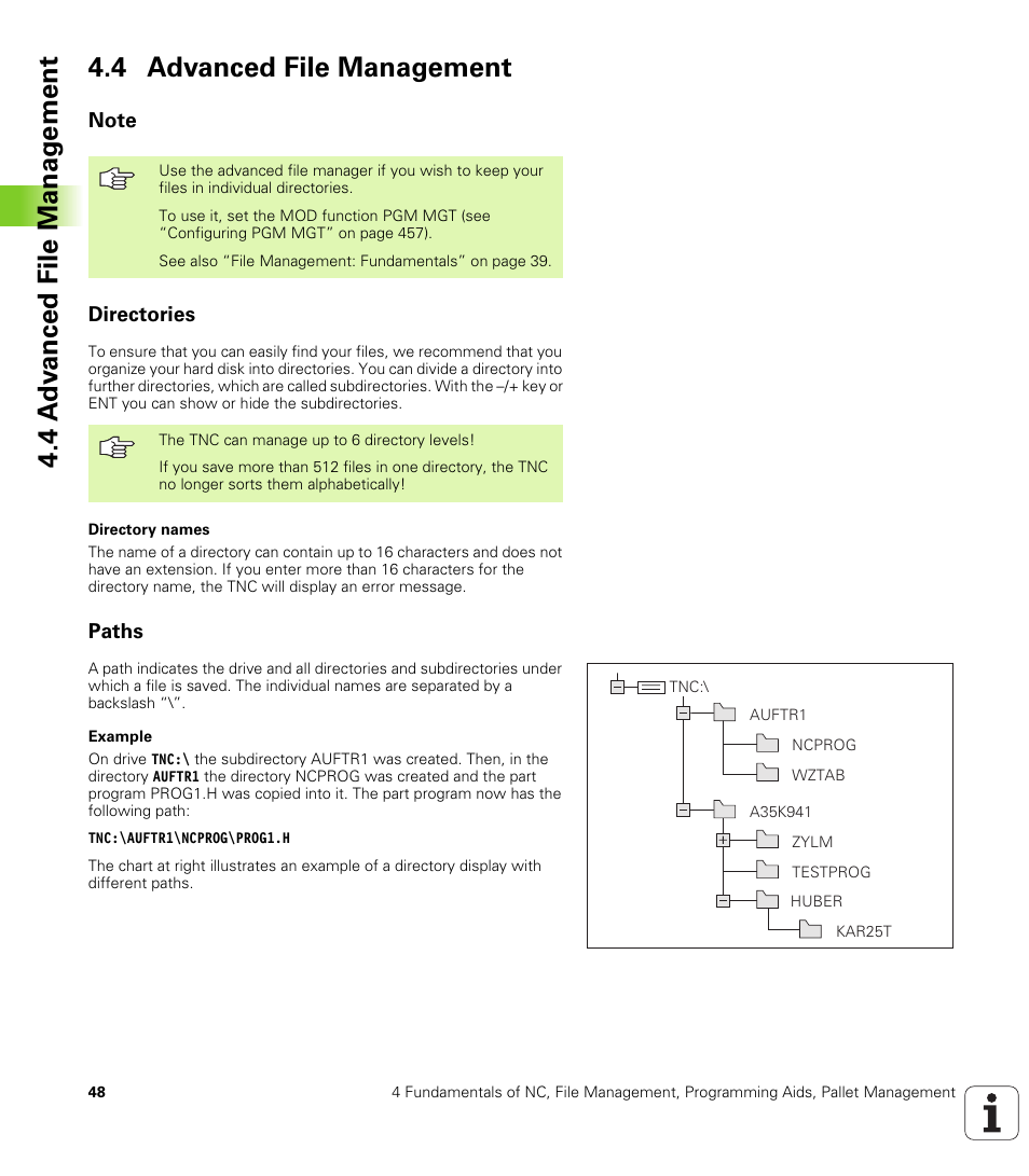 4 advanced file management, Note, Directories | Paths | HEIDENHAIN iTNC 530 (340 420) User Manual | Page 76 / 530