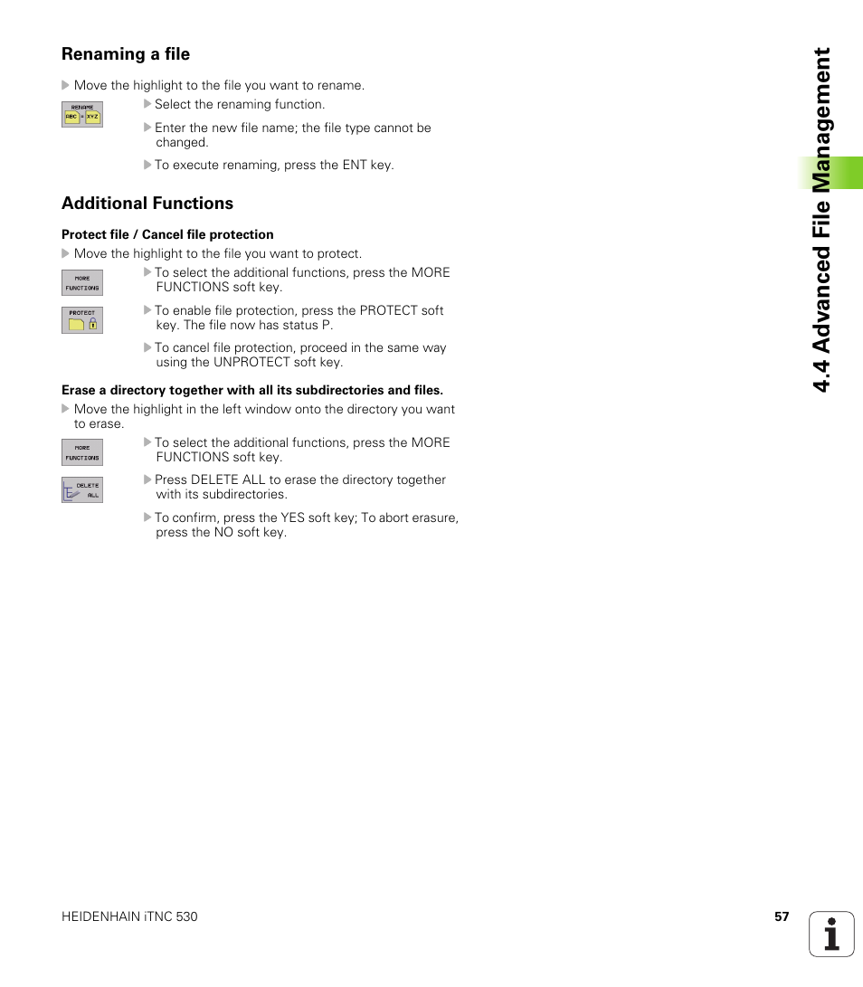 Renaming a file, Additional functions, Protect a file against editing and erasure | Cancel file protection | HEIDENHAIN iTNC 530 (340 420) User Manual | Page 85 / 530