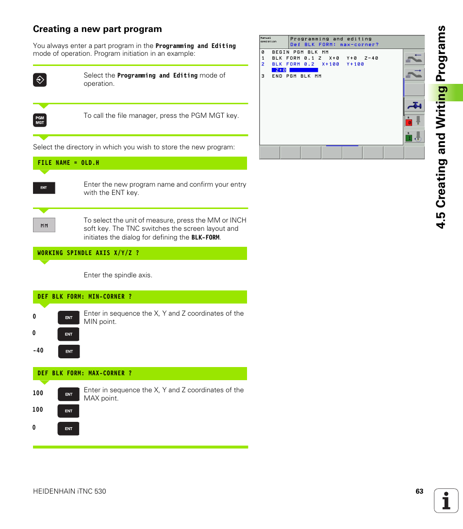 Creating a new part program, 5 cr eating and w riting pr ogr a ms | HEIDENHAIN iTNC 530 (340 420) User Manual | Page 91 / 530